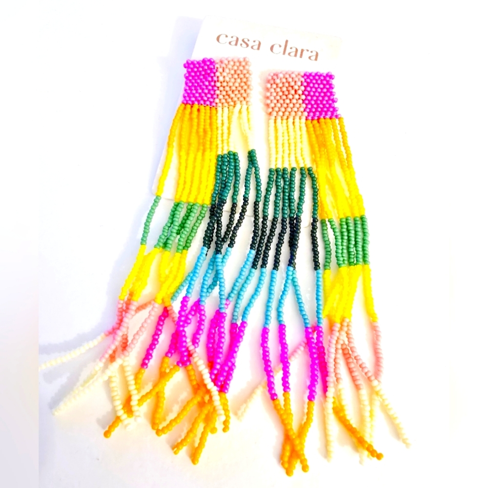 Casa Clara Beaded Long Dangle Fringe Color Block Rainbow Earrings Anthro